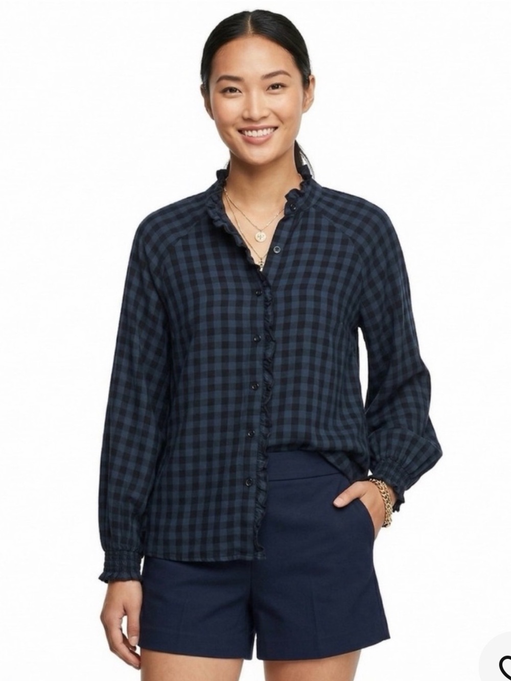 Cabi Aberdeen Ruffle Front Plaid Button Down Blouse Blue Womens Small